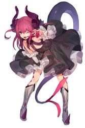 Rule 34 | 10s, 1girl, ;d, asymmetrical horns, bad id, bad twitter id, black skirt, claws, curled horns, detached sleeves, dragon girl, dragon horns, dragon tail, elizabeth bathory (fate), elizabeth bathory (fate/extra ccc), elizabeth bathory (first ascension) (fate), fang, fate/extra, fate/extra ccc, fate/grand order, fate (series), frilled sleeves, frills, full body, hair between eyes, hand on own thigh, horns, leaning forward, legs apart, looking at viewer, one eye closed, open mouth, pink hair, pointy ears, simple background, skirt, smile, solo, sugimoto (niboshiumai), tail, two side up, uneven horns, v over eye, white background, white sleeves
