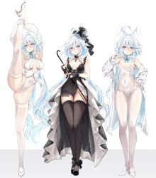Rule 34 | 1girl, :3, absurdres, ahoge, animal ears, armpits, arms up, back, ballerina, ballet, blue eyes, blue hair, blush, breasts, breasts apart, cleavage cutout, clothing cutout, commentary, covered navel, detached collar, drop-shaped pupils, english commentary, facing away, flexible, frilled leotard, frills, full body, furina (genshin impact), furrowed brow, genshin impact, gluteal fold, hair between eyes, heterochromia, high heels, highres, holding leg, jacket, kneepits, leg hold, leg lift, leotard, light blue hair, long hair, long sleeves, looking at viewer, mismatched pupils, multicolored hair, multiple views, neck garter, nontraditional playboy bunny, plantar flexion, playboy bunny, rabbit ears, sidelocks, sleeveless turtleneck leotard, small breasts, split, standing, standing on one leg, standing split, star (symbol), starry background, strapless, strapless leotard, streaked hair, symbol-shaped pupils, tail, thighhighs, thighs, two-tone hair, very long hair, vitaminechan, white hair