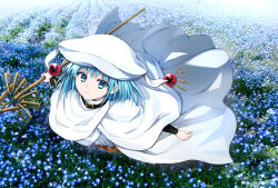 Rule 34 | 1girl, blue eyes, blue flower, blue hair, capelet, cloak, commentary request, day, flower, flying, full body, hat, hecate (shakugan no shana), highres, holding, holding staff, long sleeves, looking at viewer, outdoors, parted lips, robe, shakugan no shana, solo, staff, tachitsu teto, white capelet, white cloak, white hat, white robe
