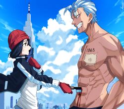 Rule 34 | 1boy, 1girl, abs, andy (undead unluck), black hair, black jacket, bleeding, blood, blue hair, brown eyes, day, eye contact, highres, holding, holding knife, izumo fuuko, jacket, knife, looking at another, medium hair, muscular, muscular male, outdoors, pectorals, red headwear, scar, scar on face, scar on forehead, shirt, shishiruto, short hair, skullcap, smile, stab, sweatdrop, topless male, undead unluck, weapon, white shirt, wind