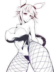 Rule 34 | 10s, 1girl, animal ears, areola slip, arms behind back, braid, breasts, cleavage, fake animal ears, fishnet pantyhose, fishnets, from below, huge breasts, kantai collection, leotard, long hair, looking at viewer, monochrome, off shoulder, open mouth, pantyhose, playboy bunny, rabbit ears, single braid, solo, taka (sanoujo358), unryuu (kancolle), very long hair