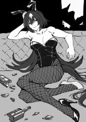 Rule 34 | 1girl, absurdres, alternate costume, asymmetrical footwear, bad id, bad twitter id, bare shoulders, breasts, cleavage, couch, ear covers, fishnet pantyhose, fishnets, greyscale, hand on own head, high heels, highres, large breasts, long hair, looking at viewer, mismatched footwear, monochrome, multicolored hair, nayuta ggg, nontraditional playboy bunny, on couch, pantyhose, sirius symboli (umamusume), streaked hair, umamusume, very long hair