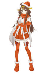 Rule 34 | 10s, 1girl, absurdres, adapted costume, ahoge, b3b, blush, boots, breasts, brown eyes, brown hair, christmas, detached sleeves, double bun, full body, fur trim, hair bun, hair ornament, hairclip, hand on own hip, hat, headgear, highres, kantai collection, kongou (kancolle), long hair, looking at viewer, miniskirt, mittens, nontraditional miko, outstretched hand, pleated skirt, red footwear, red skirt, red thighhighs, ribbon-trimmed sleeves, ribbon trim, santa costume, santa hat, scarf, simple background, skirt, small breasts, smile, solo, thighhighs, touyama nao, white background, wide sleeves