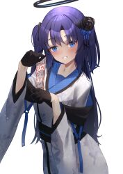 Rule 34 | 1girl, absurdres, alternate costume, black gloves, blue archive, e buki, gloves, halo, highres, japanese clothes, kimono, looking at viewer, paper, smile, solo, twintails, white background, yuuka (blue archive)