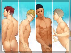 Rule 34 | 4boys, abs, ass, bara, biceps, black hair, blonde hair, completely nude, facial hair, frown, itto (mentaiko), looking to the side, male focus, multiple boys, nipples, nude, original, pectorals, pubic hair, red hair, short hair, smile, stubble, wet