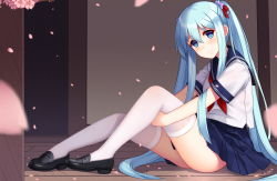 Rule 34 | 1girl, absurdres, allenes, alternate hairstyle, black footwear, blue eyes, blue hair, blue skirt, cherry blossoms, clothes between thighs, commentary request, flower, from side, full body, highres, loafers, long hair, necktie, petals, pleated skirt, red necktie, shirayuki (warship girls r), shoes, sitting, skirt, solo, thighhighs, twintails, very long hair, warship girls r, white thighhighs, wooden floor
