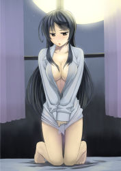Rule 34 | 1girl, :&lt;, barefoot, black eyes, black hair, blush, bottomless, breasts, cleavage, collared shirt, covering privates, covering crotch, curtains, dress shirt, full body, full moon, half-closed eyes, indoors, kneeling, long hair, long sleeves, looking at viewer, mizuhachi saru, moon, naked shirt, on bed, open mouth, original, parted bangs, shirt, shirt tug, sidelocks, sky, sleeves past wrists, solo, star (sky), starry sky, thigh gap, v arms, very long hair, window