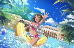Rule 34 | 10s, 1girl, :d, ^ ^, anklet, armpits, artist request, banana boat, barefoot, bikini, blush, breasts, cleavage, closed eyes, dark skin, dark-skinned female, closed eyes, floral print, green hair, idolmaster, idolmaster cinderella girls, idolmaster cinderella girls starlight stage, jewelry, natalia (idolmaster), navel, official art, on banana, open mouth, pool, print bikini, sarong, short hair, sitting, smile, solo, swimsuit, water