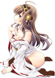 Rule 34 | 10s, 1girl, ahoge, blue eyes, boots, bottomless, breasts, brown hair, chize, cleavage, detached sleeves, female focus, hairband, japanese clothes, kantai collection, kongou (kancolle), large breasts, long hair, looking at viewer, no pants, nontraditional miko, off shoulder, partially undressed, sitting, solo, thigh boots, thighhighs, wariza, wide sleeves