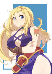 Rule 34 | 1girl, 34 (sanjushi), :t, annoyed, blonde hair, blue eyes, breasts, cleavage, crossed arms, dress, fatal fury, floral print, highres, jenet behrn, large breasts, long hair, pout, rose print, solo, tattoo, the king of fighters, the king of fighters xv