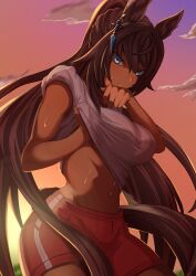 Rule 34 | 1girl, abs, absurdres, animal ears, black hair, blue eyes, breasts, clothes lift, cloud, cloudy sky, commentary request, cowboy shot, dark-skinned female, dark skin, earrings, eve on k, highres, horse ears, horse girl, horse tail, jewelry, large breasts, lifted by self, long hair, looking at viewer, navel, outdoors, ponytail, red shorts, shirt, shirt lift, shorts, single earring, sky, sleeves rolled up, solo, sunset, sweat, symboli kris s (umamusume), tail, umamusume, very long hair, white shirt
