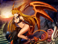 Rule 34 | 1girl, asymmetrical clothes, bare shoulders, breasts, cleavage, demon girl, elbow gloves, female focus, gloves, horns, long hair, lord of vermilion, matching hair/eyes, mozuyun, nail polish, navel, open mouth, orange eyes, orange hair, outdoors, pointy ears, single wing, sky, solo, demon girl, succubus (lord of vermilion), tail, wings, wink