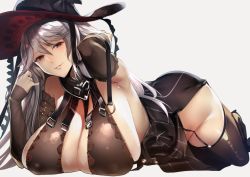 Rule 34 | 1girl, armpits, bare shoulders, black dress, black footwear, black hat, blush, boots, breasts, cleavage, detached sleeves, dress, garter straps, granblue fantasy, hair between eyes, halterneck, hat, huge breasts, long hair, looking at viewer, lying, magisa (granblue fantasy), on stomach, parted lips, sideboob, silver hair, smile, solo, thigh boots, thighhighs, thighs, tomohiro kai, witch hat