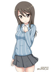 Rule 34 | 10s, 1girl, blue shirt, brown eyes, brown hair, clenched hand, closed mouth, commentary, cowboy shot, cropped legs, dated, dress shirt, flipper, girls und panzer, grey skirt, keizoku school uniform, long hair, long sleeves, looking at viewer, mika (girls und panzer), miniskirt, no headwear, one-hour drawing challenge, pleated skirt, school uniform, shirt, simple background, skirt, smile, solo, standing, striped clothes, striped shirt, twitter username, vertical-striped clothes, vertical-striped shirt, white background, white shirt
