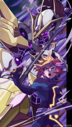 Rule 34 | 1boy, absurdres, accesscode talker, armor, blonde hair, bodysuit, duel monster, fujiki yusaku, green eyes, highres, holding, holding polearm, holding weapon, lance, multicolored hair, open mouth, playmaker (yu-gi-oh!), polearm, purple hair, red hair, solo focus, streaked hair, twitter username, weapon, yu-gi-oh!, yu-gi-oh! vrains, zealmaker