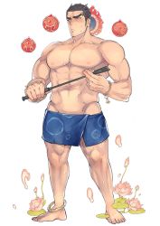 Rule 34 | 1boy, abs, aizen (housamo), alternate costume, bara, barefoot, black hair, blush, facial mark, forehead mark, full body, halo, halo behind head, kijimahyogo, large pectorals, male focus, navel, nipples, official art, open mouth, pectorals, red eyes, revealing clothes, solo, sweatdrop, tokyo houkago summoners, transparent background
