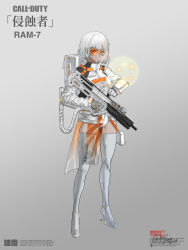 Rule 34 | absurdres, alenx kevin, assault rifle, backpack, bag, boots, bullpup, call of duty, commentary request, dark-skinned female, dark skin, earbuds, earphones, full body, girls&#039; frontline, gloves, grey background, gun, heel-less legwear, highres, hologram, iwi tavor, jacket, mecha musume, original, parted lips, rifle, science fiction, see-through, signature, skindentation, solo, standing, sunglasses, thigh boots, thighhighs, trigger discipline, tube, weapon, weapon request, white gloves, white hair, white jacket, wrist computer
