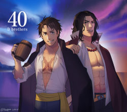 Rule 34 | 2boys, abs, alternate hairstyle, bare pectorals, bead necklace, beads, beer mug, black hair, black pants, cloud, cloudy sky, coat, coat on shoulders, collared shirt, cowboy shot, cup, denim, denim shorts, facial hair, foxvulpine, freckles, jewelry, male focus, messy hair, monkey d. luffy, mug, multiple boys, necklace, no headwear, no headwear, aged up, one piece, open clothes, open shirt, pants, pectorals, portgas d. ace, scar, scar on chest, shirt, shorts, sky, smile, stubble, toned, toned male, white shirt