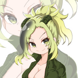Rule 34 | 1girl, absurdres, black jacket, breasts, cleavage, closed mouth, collarbone, green eyes, green hair, green jacket, highres, jacket, kemono friends, large breasts, long hair, long sleeves, looking at viewer, open clothes, open jacket, ponytail, saltwater crocodile (kemono friends), simple background, smile, solo, split mouth, tunndererabu, upper body, white background