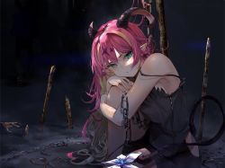 Rule 34 | 1girl, blonde hair, camisole, chain, colored inner hair, demon girl, demon horns, demon tail, flower, funi mu9, green eyes, highres, hololive, horns, hugging own legs, long hair, looking at viewer, mano aloe, multicolored hair, off shoulder, pink hair, pointy ears, sitting, solo, tail, virtual youtuber