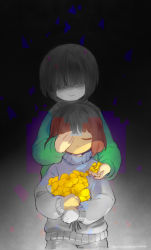 Rule 34 | androgynous, blunt bangs, brown hair, chara (undertale), closed eyes, cowboy shot, flower, frisk (undertale), gender request, gradient background, heart, hidden eyes, highres, holding, holding flower, long sleeves, one eye covered, open mouth, pacifique, partially colored, smile, spoilers, standing, undertale, watermark, web address