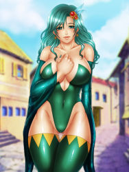 Rule 34 | 1990s (style), 1girl, bare shoulders, blush, breasts, cleavage, covered navel, curvy, detached sleeves, earrings, elbow gloves, feathers, female focus, final fantasy, final fantasy iv, gloves, gluteal fold, green eyes, green hair, green leotard, green nails, green thighhighs, hair ornament, highleg, highleg leotard, jewelry, large breasts, legs, leotard, long hair, matching hair/eyes, momoman (pink voltage), nail polish, retro artstyle, rydia (ff4), smile, solo, thick thighs, thigh gap, thighhighs, thighs, wallpaper