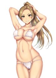 Rule 34 | 1girl, armpits, arms behind head, arms up, bare shoulders, bikini, blush, bracelet, breasts, brown eyes, brown hair, cameltoe, cleavage, collarbone, commentary request, earrings, grin, highres, hip focus, idolmaster, idolmaster cinderella girls, jewelry, large breasts, long hair, looking at viewer, matsunaga ryo, navel, otone, parted bangs, ponytail, simple background, smile, solo, swimsuit, thighs, white background, white bikini