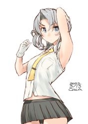 Rule 34 | 1girl, adapted costume, asymmetrical hair, commentary request, cowboy shot, flipped hair, gloves, grey eyes, grey skirt, highres, kantai collection, looking at viewer, necktie, nowaki (kancolle), one-hour drawing challenge, owa (ishtail), pleated skirt, shirt, silver hair, simple background, skirt, sleeveless, sleeveless shirt, solo, swept bangs, white background, white gloves, yellow necktie
