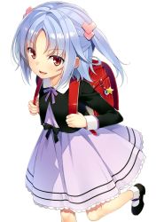 Rule 34 | 1girl, backpack, bag, blue hair, dress, hair ornament, highres, ideologue!, looking at viewer, mary janes, randoseru, red eyes, ribbon, school bag, shoes, short twintails, simple background, smile, socks, solo, twintails, white background, yuuki hagure