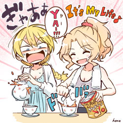 Rule 34 | 2girls, alternate hairstyle, artist name, bag, bare shoulders, blonde hair, blue eyes, blue nightgown, braid, braided ponytail, breasts, cleavage, closed eyes, collarbone, commentary, constricted pupils, cup, darjeeling (girls und panzer), earrings, eighth note, english text, frown, girls und panzer, grey shirt, hair down, hair intakes, hair ornament, hair scrunchie, hair up, highres, holding, holding bag, holding spoon, hone (honehone083), jaw drop, jewelry, kay (girls und panzer), long sleeves, looking at another, messy hair, motion lines, multiple girls, musical note, nightgown, open mouth, ponytail, red scrunchie, robe, saucer, scrunchie, shirt, signature, single braid, sleepwear, smile, spilling, spoon, standing, stud earrings, surprised, sweat, sweatdrop, tank top, tea, teacup, teapot, towel, towel around neck, translated, v-shaped eyebrows, white robe