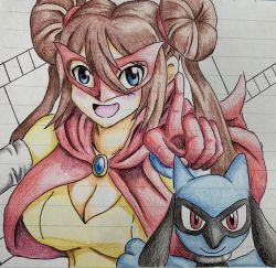 Rule 34 | 1girl, alternate costume, blue eyes, breasts, brown hair, cape, cleavage, cleavage cutout, clothing cutout, creatures (company), double bun, game freak, gen 4 pokemon, gloves, hair bun, highres, index finger raised, long hair, long sleeves, looking at viewer, mask, night6514, nintendo, open mouth, pokemon, pokemon (creature), pokemon bw2, red cape, red eyes, riolu, rosa (pokemon), smile, superhero costume, the riolu girl, traditional media, twintails