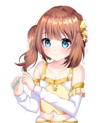 Rule 34 | 1girl, arms up, bare shoulders, blue eyes, blue nails, braid, brown hair, collarbone, detached sleeves, french braid, hair ornament, light smile, looking at viewer, midriff, misaki (misaki86), nail polish, navel, original, shirt, side ponytail, simple background, solo, star (symbol), star hair ornament, upper body, white background, white sleeves, yellow shirt