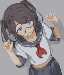 Rule 34 | 1girl, 1other, :o, against wall, black hair, blush, crop top, glasses, hands up, highres, holding another&#039;s wrist, idolmaster, idolmaster shiny colors, looking at viewer, looking up, mitsumine yuika, navel, neckerchief, pleated skirt, red neckerchief, school uniform, semi-rimless eyewear, serafuku, short sleeves, simple background, skirt, sunfromwe, twintails