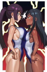Rule 34 | 2girls, absurdres, anger vein, black hair, breast press, breasts, closed mouth, confrontation, dark-skinned female, dark skin, eye contact, from side, hands on own hips, highres, ijiranaide nagatoro-san, large breasts, long hair, looking at another, multiple girls, nagatoro hayase, nia (nia4294), one-piece swimsuit, ponytail, red eyes, small breasts, standing, sunomiya sana, swimsuit, symmetrical docking, thighs