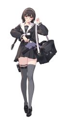 Rule 34 | 1girl, absurdres, bag, black-framed eyewear, black bag, black footwear, black shirt, black skirt, black survival, blunt bangs, braid, brown eyes, brown hair, character name, closed mouth, fingernails, full body, glasses, grey thighhighs, gun, hair ornament, hairband, hairclip, highres, holding, holding gun, holding weapon, kriss vector, lips, long hair, long sleeves, looking at viewer, official alternate costume, official art, one touch, pleated skirt, pouch, sailor collar, school bag, school uniform, serafuku, shirt, shoes, skirt, solo, standing, submachine gun, suzuki aya (black survival), thigh pouch, thigh strap, thighhighs, thighs, transparent background, twin braids, weapon, white hairband, white sailor collar, zettai ryouiki