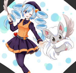 Rule 34 | 1girl, ;d, ace trainer (pokemon), black pantyhose, black shirt, black skirt, blue eyes, blue hair, blush, cinccino, creatures (company), drill hair, feathers, game freak, gen 5 pokemon, hachimi, holding, holding feather, long hair, long sleeves, looking at viewer, nintendo, one eye closed, open mouth, orange shirt, pantyhose, pleated skirt, poke ball, poke ball (basic), pokemon, pokemon (creature), pokemon bw, shirt, shirt under shirt, skirt, smile, twin drills, waist poke ball