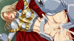 Rule 34 | 1girl, 2boys, abs, armor, blonde hair, blush, breasts, censored, closed eyes, cum, cum in pussy, defeat, ejaculation, fish boy, hetero, highres, inja no kuruwa, knight, large breasts, long hair, loss war iii, missionary, monster, mosaic censoring, multiple boys, no panties, cum overflow, penis, rape, restrained, sex, toned, vaginal