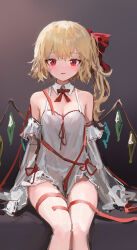 Rule 34 | 1girl, :d, absurdres, alternate costume, bare shoulders, blonde hair, blush, breasts, cleavage, detached collar, detached sleeves, dress, flandre scarlet, grey background, half-closed eyes, highres, legs together, looking at viewer, medium breasts, no headwear, open mouth, red eyes, red ribbon, reddizen, revision, ribbon, short hair with long locks, sitting, smile, solo, touhou, white dress, wings