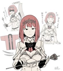 Rule 34 | ark royal (kancolle), arrow (projectile), blunt bangs, bob cut, bow (weapon), cleavage cutout, clothing cutout, corset, dress, fingerless gloves, fujinoki (horonabe-ken), gloves, hairband, jacket, kantai collection, long sleeves, off-shoulder dress, off shoulder, overskirt, red hair, short hair, shorts, tiara, translation request, tsurime, weapon, white shorts