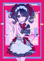 Rule 34 | 1girl, alternate costume, ame-chan (needy girl overdose), apron, artist name, black dress, black eyes, black hair, blush, bow, closed mouth, commentary request, cowboy shot, cursor, dress, frilled dress, frills, glitch, hair bow, hair ornament, hair over one eye, hands up, harness, heart, highres, holding, holding tray, long hair, looking at viewer, maid, maid apron, maid headdress, needy girl overdose, phaysungyen, pill, red background, red bow, solo, standing, tray, twintails, white apron, window (computing), x hair ornament