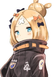 Rule 34 | 1girl, abigail williams (fate), abigail williams (traveling outfit) (fate), absurdres, bandaid, bandaid on face, bandaid on forehead, black bow, black dress, blonde hair, blue eyes, blush, bow, closed mouth, commentary request, dress, fate/grand order, fate (series), hair bow, hair bun, highres, long hair, long sleeves, looking at viewer, official alternate costume, orange bow, parted bangs, polka dot, polka dot bow, shibakame, simple background, single hair bun, solo, star (symbol), upper body, white background