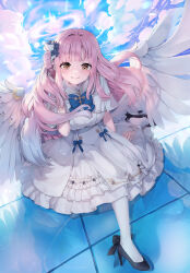 Rule 34 | 1girl, absurdres, blue archive, dress, highres, long hair, looking at viewer, mika (blue archive), pink hair, rnjs4967, solo, wings, yellow eyes