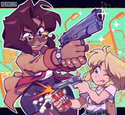 Rule 34 | 2girls, beer can, blonde hair, breasts, brown hair, can, dark-skinned female, dark skin, drink can, duff beer, gun, gunsmith cats, highres, holding, holding gun, holding weapon, lamppost, medium breasts, minnie may hopkins, multiple girls, necktie, one eye closed, outdoors, rally vincent, speedoru, sunglasses, the simpsons, tongue, tongue out, watch, weapon, wristwatch