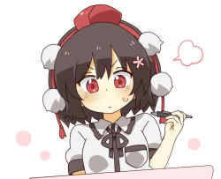 Rule 34 | 1girl, :&lt;, black hair, black ribbon, blush, closed mouth, collared shirt, commentary request, dress shirt, hair between eyes, hand up, hat, holding, holding stylus, looking at viewer, mini hat, neck ribbon, puffy short sleeves, puffy sleeves, red eyes, red hat, ribbon, shameimaru aya, shirt, short sleeves, simple background, solo, stylus, sweat, tokin hat, totoharu (kujirai minato), touhou, upper body, v-shaped eyebrows, white background, white shirt