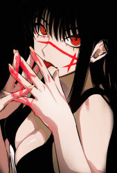 Rule 34 | 1girl, absurdres, black background, black hair, black tank top, blood, blood on hands, breasts, chainsaw man, cleavage, cross scar, facial scar, highres, large breasts, long hair, looking at viewer, red eyes, ringed eyes, sailen0, scar, scar on cheek, scar on face, simple background, solo, tank top, tongue, tongue out, yoru (chainsaw man)