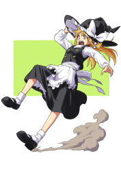 1girl apron arm_up black_hat black_shoes black_skirt black_vest blonde_hair blush bow commentary_request dust frilled_apron frills full_body hair_bow hat hat_bow highres inuno_rakugaki kirisame_marisa long_hair long_sleeves open_mouth shirt shoes skirt skirt_set socks solo teeth touhou tripping turtleneck turtleneck_shirt upper_teeth_only vest waist_apron white_apron white_bow white_shirt white_socks witch_hat yellow_eyes