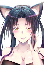 Rule 34 | 1girl, animal ears, arkfield, bare shoulders, black hair, blush, breasts, cat ears, cat girl, cleavage, closed mouth, commentary, english commentary, hair rings, hairband, high school dxd, highres, kuroka (high school dxd), large breasts, lipstick, long hair, looking at viewer, makeup, nail polish, nekomata, purple lips, purple nails, smile, solo, yellow eyes