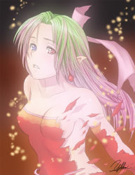Rule 34 | 1990s (style), 1girl, bad id, bad pixiv id, bare shoulders, blue eyes, breasts, female focus, final fantasy, final fantasy vi, green hair, heterochromia, long hair, multicolored hair, pink hair, pointy ears, red eyes, sideboob, signature, solo, tina branford, torn clothes, hypnosis, trance terra branford, transformation, yukihiro