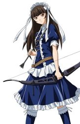 Rule 34 | 00s, 1girl, arrow (projectile), black hair, blue dress, blue legwear, bow (weapon), brown eyes, dress, female focus, holding, holding weapon, ikkitousen, long hair, looking at viewer, maid headdress, ribbon, simple background, solo, ten&#039;i (ikkitousen), weapon, white background, white ribbon