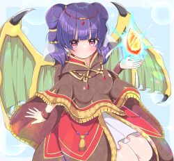 Rule 34 | 1girl, arm support, asage (asgsn), bead necklace, beads, blunt bangs, blush, bracelet, brown capelet, brown coat, capelet, circlet, closed mouth, coat, cowboy shot, crystal, dragon girl, dragon wings, dragonstone, dress, female focus, fire emblem, fire emblem: the sacred stones, fire emblem heroes, fringe trim, from above, gem, glowing, gold trim, green wings, hair ornament, hair tie, hand up, high-low skirt, highres, hood, jewelry, lens flare, light smile, long hair, looking at viewer, multi-tied hair, multicolored clothes, multicolored coat, myrrh (fire emblem), necklace, nintendo, official alternate costume, pale skin, purple hair, red coat, red eyes, shiny skin, short dress, simple background, sitting, smile, solo, stone, thighs, twintails, veil, white dress, wings, wristband, yellow wings